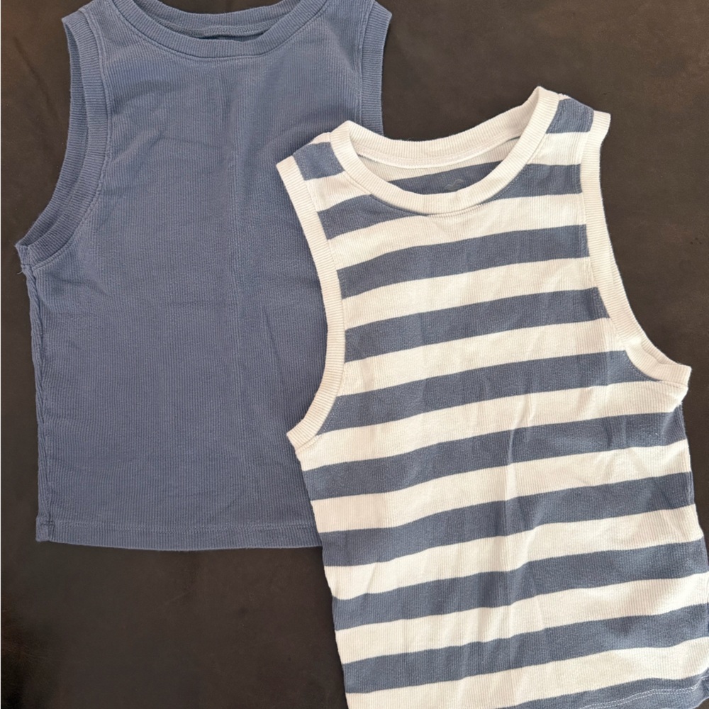 Hollister Blue Solid and White-Blue Striped Tank Tops - 2 Pack